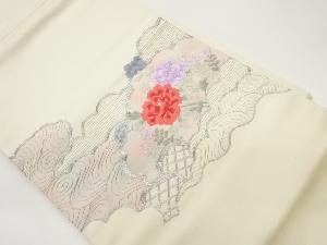 銀駒刺繍雲に草花・流水模様名古屋帯